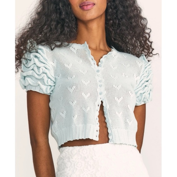 LoveShackFancy Preilla Crop Knit Cardigan New Large Mint Frost - Picture 12 of 15